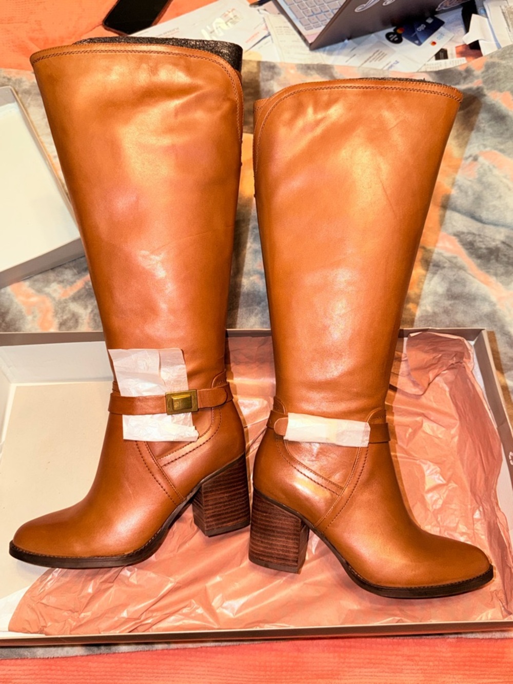 Franco Sarto Tan Leather Mid-Calf Block Heel Riding Boots ~Brand New Wide Calf